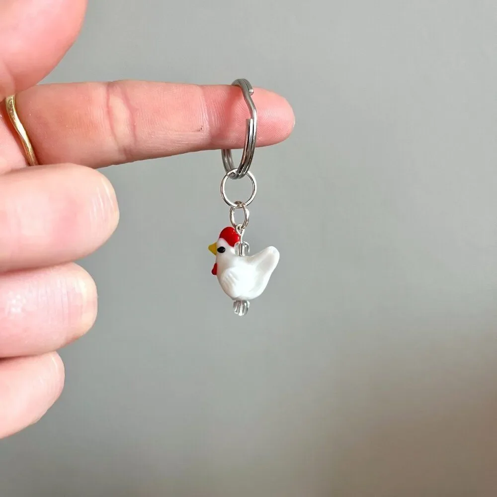 Ceramic White and Red Rooster Charm Key Chain